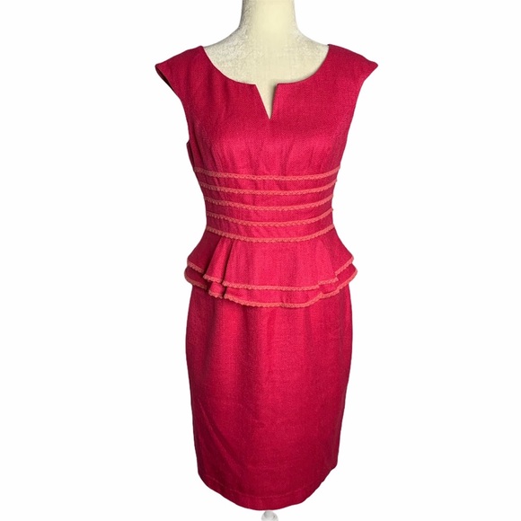 Vintage 90s Kay Unger Dress Womens 10 Pink Silk Peplum Sleeveless Pencil Split V - Picture 1 of 7